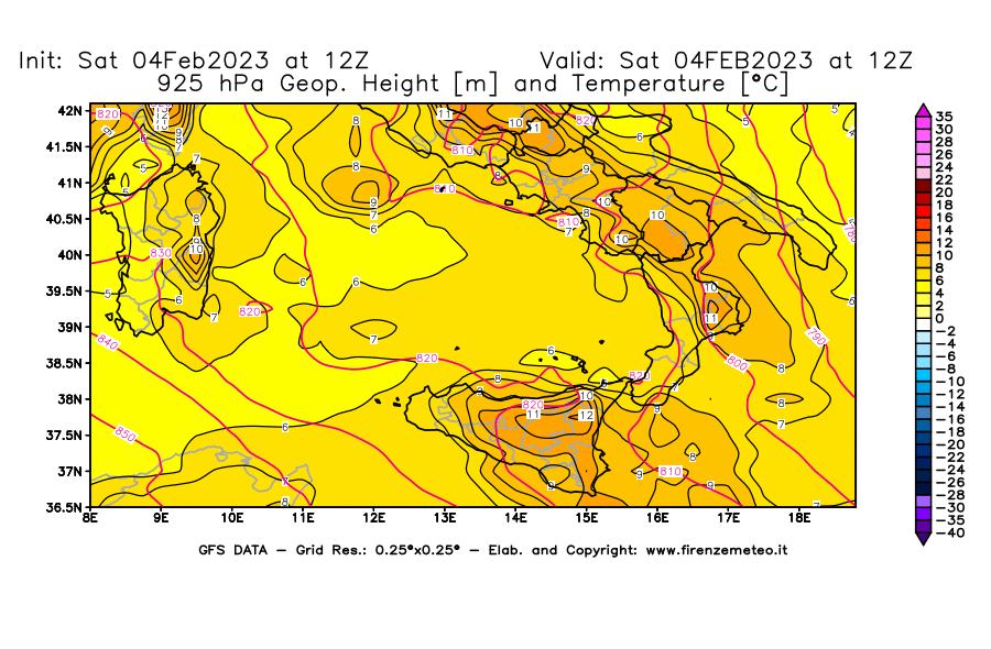 Mappa di analisi GFS - Geopotenziale [m] e Temperatura [°C] a 925 hPa in Sud-Italia
							del 04/02/2023 12 <!--googleoff: index-->UTC<!--googleon: index-->