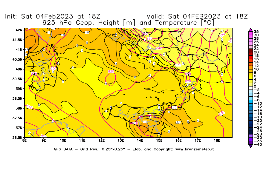 Mappa di analisi GFS - Geopotenziale [m] e Temperatura [°C] a 925 hPa in Sud-Italia
							del 04/02/2023 18 <!--googleoff: index-->UTC<!--googleon: index-->