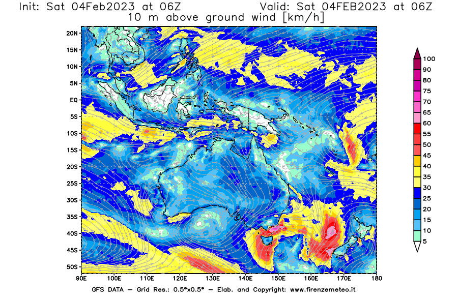 Mappa di analisi GFS - Velocità del vento a 10 metri dal suolo [km/h] in Oceania
							del 04/02/2023 06 <!--googleoff: index-->UTC<!--googleon: index-->