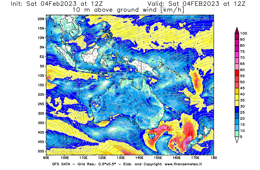 Mappa di analisi GFS - Velocità del vento a 10 metri dal suolo [km/h] in Oceania
							del 04/02/2023 12 <!--googleoff: index-->UTC<!--googleon: index-->