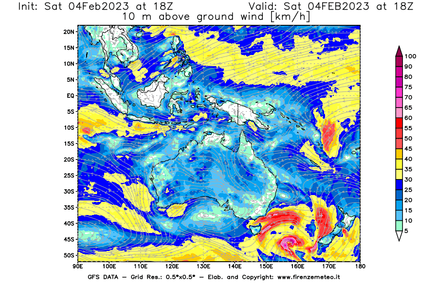 Mappa di analisi GFS - Velocità del vento a 10 metri dal suolo [km/h] in Oceania
							del 04/02/2023 18 <!--googleoff: index-->UTC<!--googleon: index-->