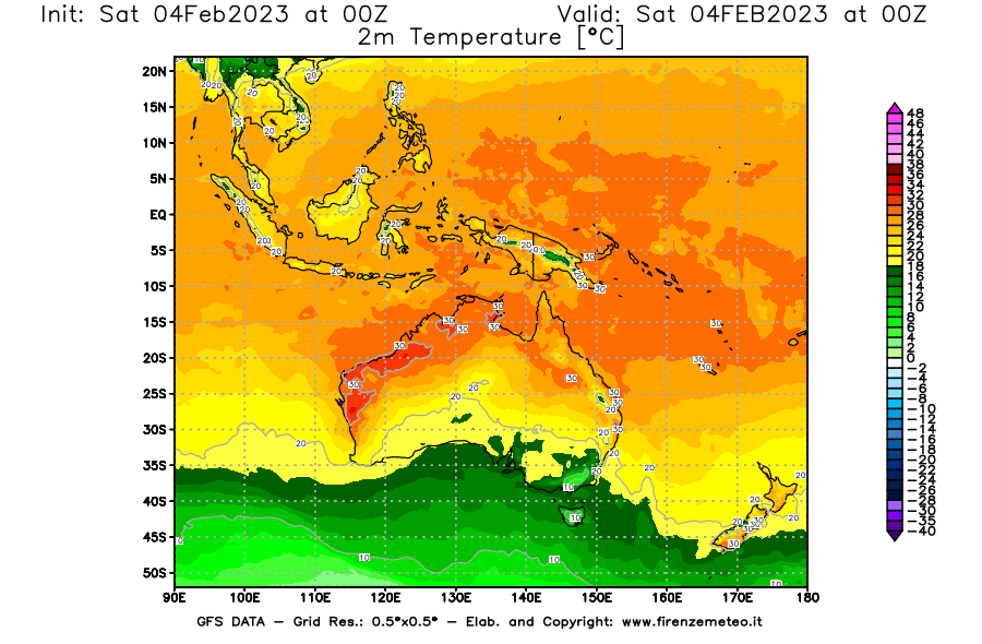 Mappa di analisi GFS - Temperatura a 2 metri dal suolo [°C] in Oceania
							del 04/02/2023 00 <!--googleoff: index-->UTC<!--googleon: index-->
