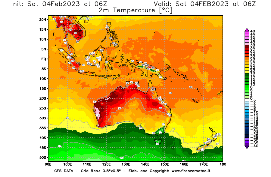 Mappa di analisi GFS - Temperatura a 2 metri dal suolo [°C] in Oceania
							del 04/02/2023 06 <!--googleoff: index-->UTC<!--googleon: index-->