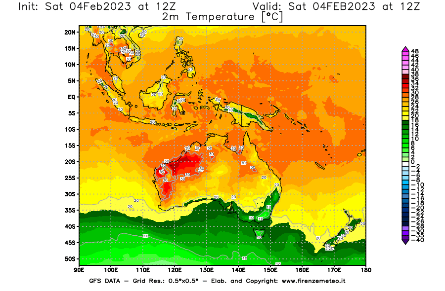 Mappa di analisi GFS - Temperatura a 2 metri dal suolo [°C] in Oceania
							del 04/02/2023 12 <!--googleoff: index-->UTC<!--googleon: index-->