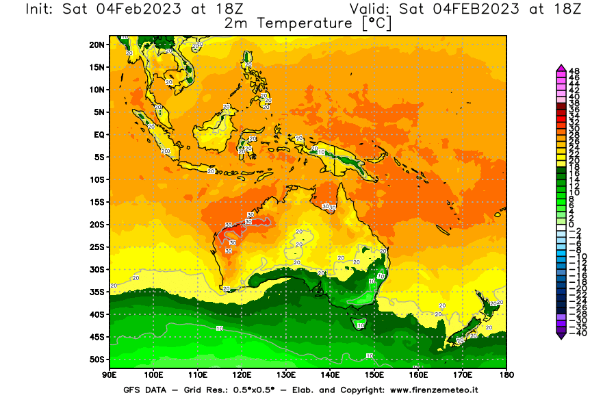 Mappa di analisi GFS - Temperatura a 2 metri dal suolo [°C] in Oceania
							del 04/02/2023 18 <!--googleoff: index-->UTC<!--googleon: index-->