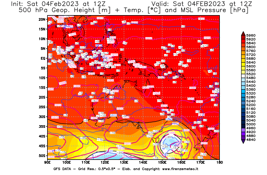 Mappa di analisi GFS - Geopotenziale [m] + Temp. [°C] a 500 hPa + Press. a livello del mare [hPa] in Oceania
							del 04/02/2023 12 <!--googleoff: index-->UTC<!--googleon: index-->
