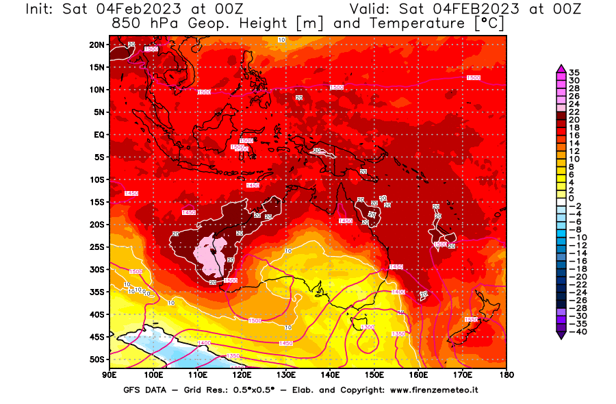 Mappa di analisi GFS - Geopotenziale [m] e Temperatura [°C] a 850 hPa in Oceania
							del 04/02/2023 00 <!--googleoff: index-->UTC<!--googleon: index-->