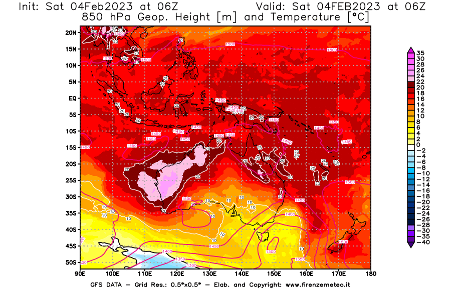 Mappa di analisi GFS - Geopotenziale [m] e Temperatura [°C] a 850 hPa in Oceania
							del 04/02/2023 06 <!--googleoff: index-->UTC<!--googleon: index-->