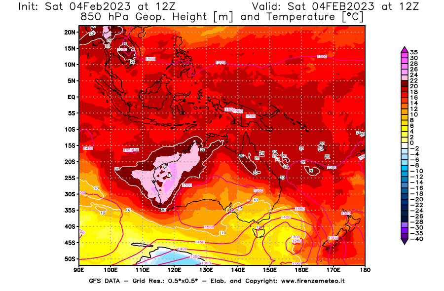 Mappa di analisi GFS - Geopotenziale [m] e Temperatura [°C] a 850 hPa in Oceania
							del 04/02/2023 12 <!--googleoff: index-->UTC<!--googleon: index-->