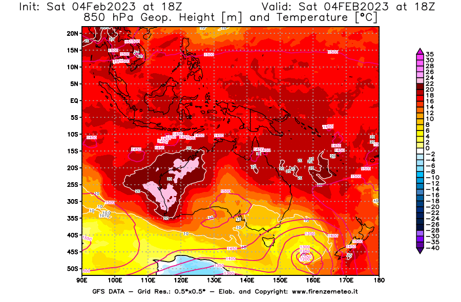 Mappa di analisi GFS - Geopotenziale [m] e Temperatura [°C] a 850 hPa in Oceania
							del 04/02/2023 18 <!--googleoff: index-->UTC<!--googleon: index-->