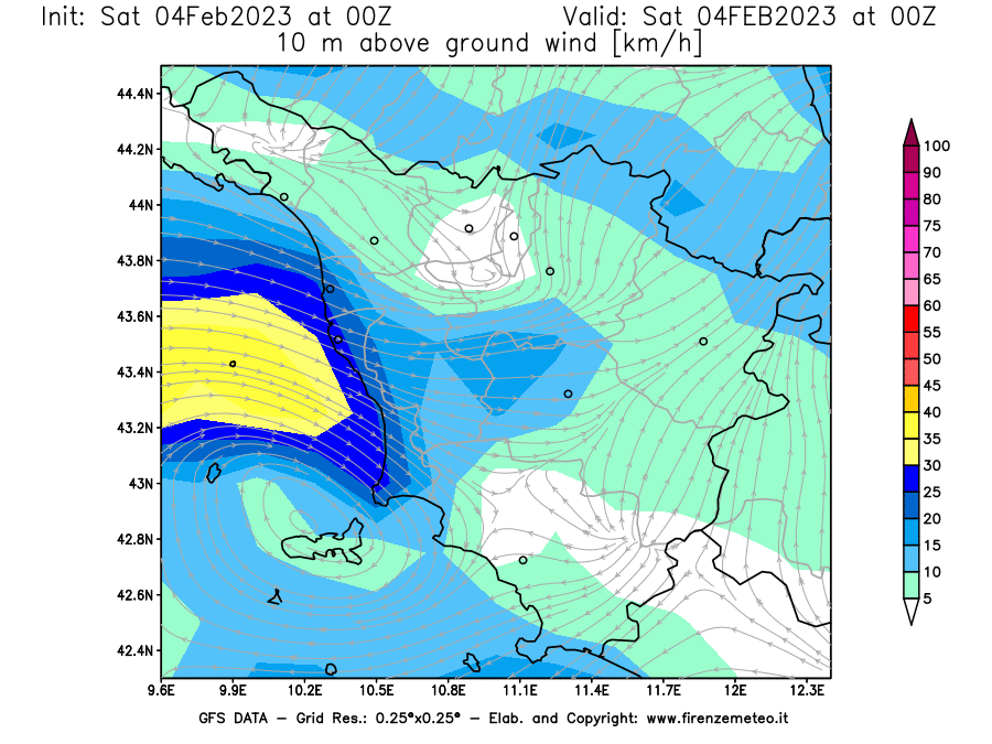 Mappa di analisi GFS - Velocità del vento a 10 metri dal suolo [km/h] in Toscana
							del 04/02/2023 00 <!--googleoff: index-->UTC<!--googleon: index-->