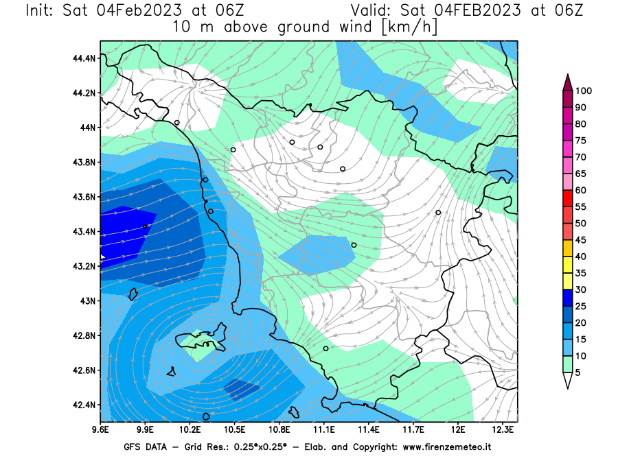Mappa di analisi GFS - Velocità del vento a 10 metri dal suolo [km/h] in Toscana
							del 04/02/2023 06 <!--googleoff: index-->UTC<!--googleon: index-->