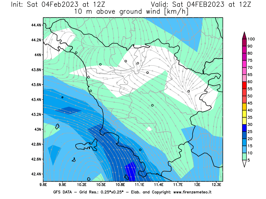Mappa di analisi GFS - Velocità del vento a 10 metri dal suolo [km/h] in Toscana
							del 04/02/2023 12 <!--googleoff: index-->UTC<!--googleon: index-->