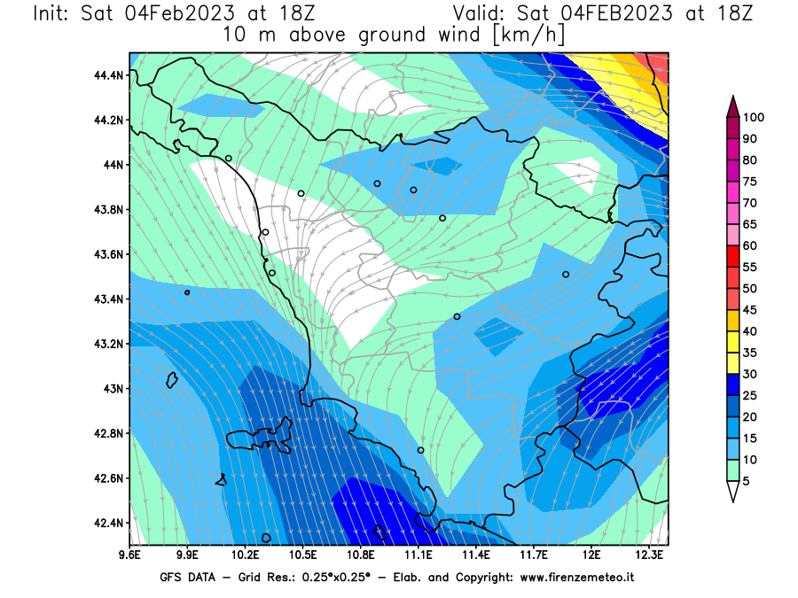 Mappa di analisi GFS - Velocità del vento a 10 metri dal suolo [km/h] in Toscana
							del 04/02/2023 18 <!--googleoff: index-->UTC<!--googleon: index-->