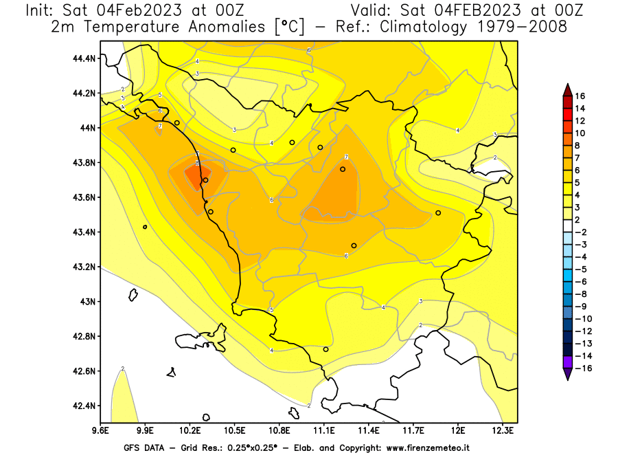 Mappa di analisi GFS - Anomalia Temperatura [°C] a 2 m in Toscana
							del 04/02/2023 00 <!--googleoff: index-->UTC<!--googleon: index-->