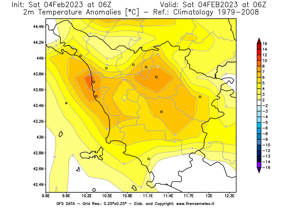 Mappa di analisi GFS - Anomalia Temperatura [°C] a 2 m in Toscana
							del 04/02/2023 06 <!--googleoff: index-->UTC<!--googleon: index-->