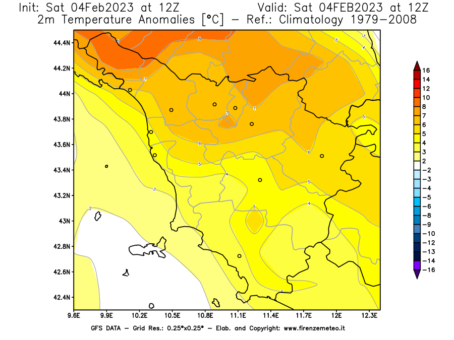 Mappa di analisi GFS - Anomalia Temperatura [°C] a 2 m in Toscana
							del 04/02/2023 12 <!--googleoff: index-->UTC<!--googleon: index-->