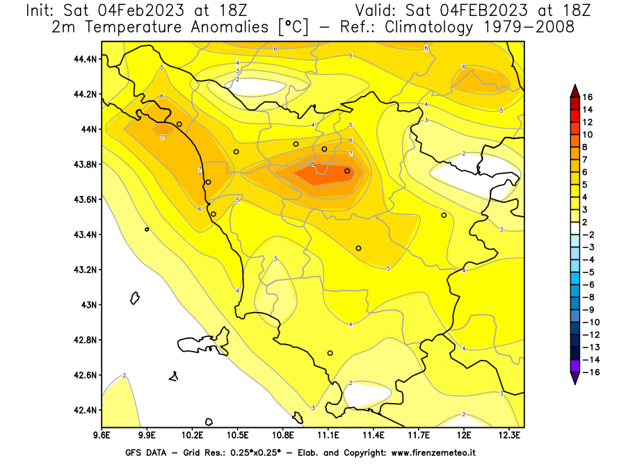 Mappa di analisi GFS - Anomalia Temperatura [°C] a 2 m in Toscana
							del 04/02/2023 18 <!--googleoff: index-->UTC<!--googleon: index-->
