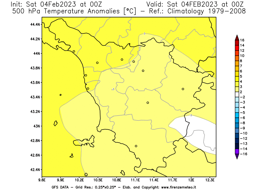 Mappa di analisi GFS - Anomalia Temperatura [°C] a 500 hPa in Toscana
							del 04/02/2023 00 <!--googleoff: index-->UTC<!--googleon: index-->