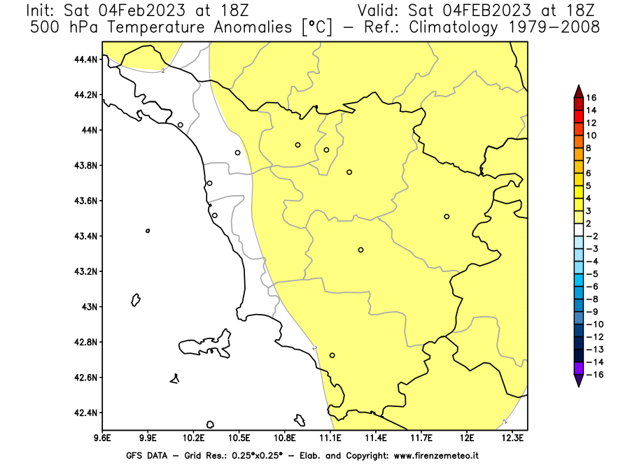 Mappa di analisi GFS - Anomalia Temperatura [°C] a 500 hPa in Toscana
							del 04/02/2023 18 <!--googleoff: index-->UTC<!--googleon: index-->