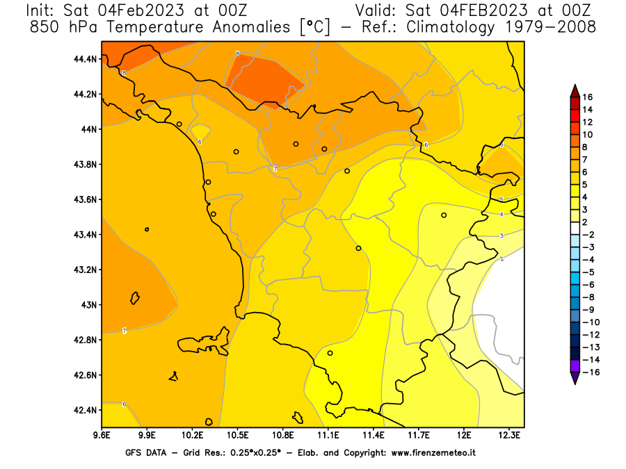 Mappa di analisi GFS - Anomalia Temperatura [°C] a 850 hPa in Toscana
							del 04/02/2023 00 <!--googleoff: index-->UTC<!--googleon: index-->