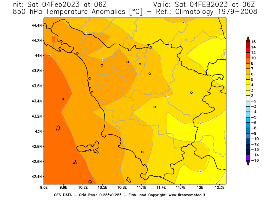 Mappa di analisi GFS - Anomalia Temperatura [°C] a 850 hPa in Toscana
							del 04/02/2023 06 <!--googleoff: index-->UTC<!--googleon: index-->