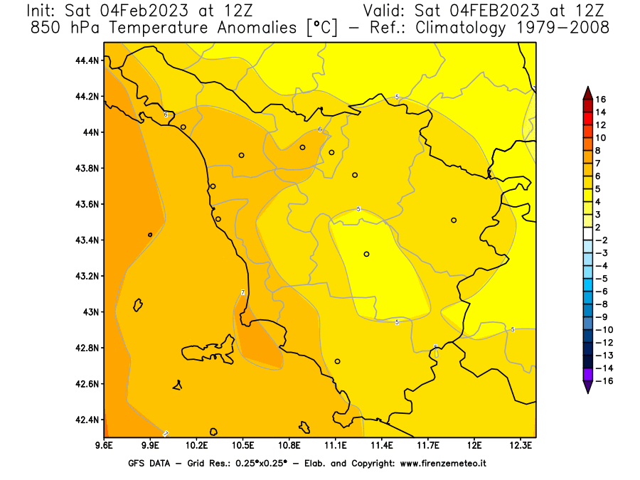 Mappa di analisi GFS - Anomalia Temperatura [°C] a 850 hPa in Toscana
							del 04/02/2023 12 <!--googleoff: index-->UTC<!--googleon: index-->