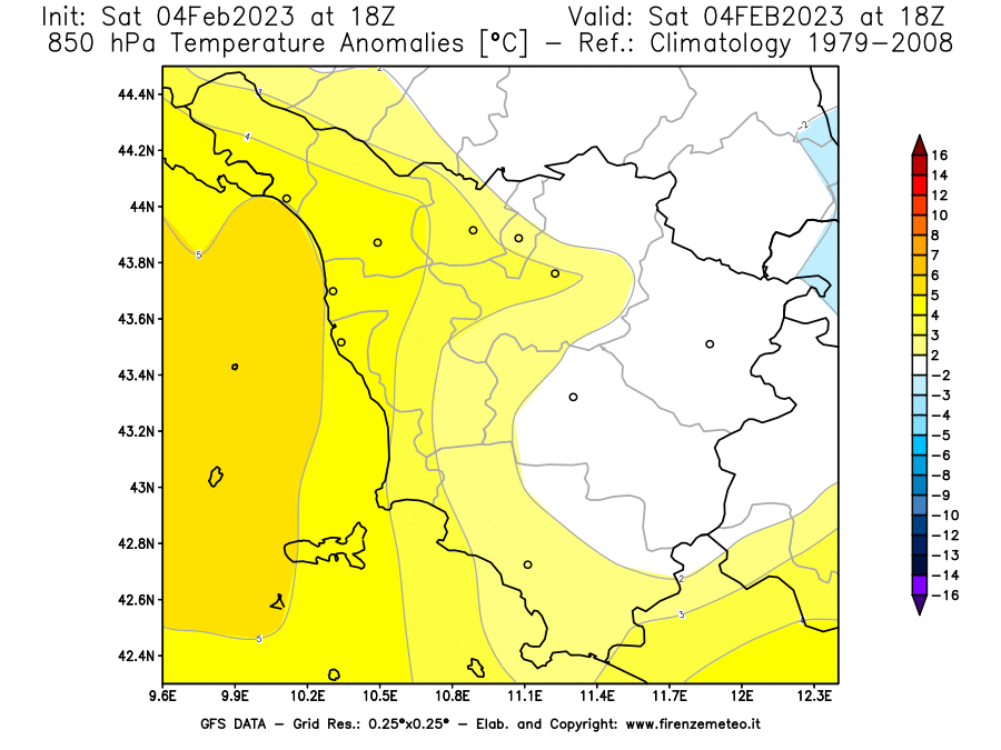 Mappa di analisi GFS - Anomalia Temperatura [°C] a 850 hPa in Toscana
							del 04/02/2023 18 <!--googleoff: index-->UTC<!--googleon: index-->