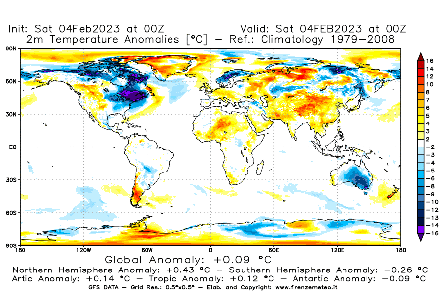 Mappa di analisi GFS - Anomalia Temperatura [°C] a 2 m in World
							del 04/02/2023 00 <!--googleoff: index-->UTC<!--googleon: index-->
