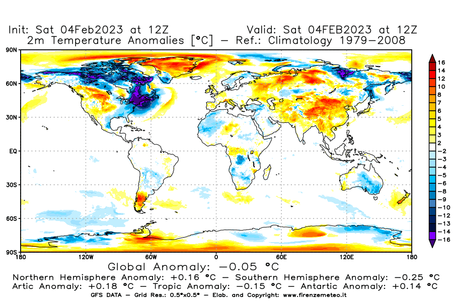 Mappa di analisi GFS - Anomalia Temperatura [°C] a 2 m in World
							del 04/02/2023 12 <!--googleoff: index-->UTC<!--googleon: index-->