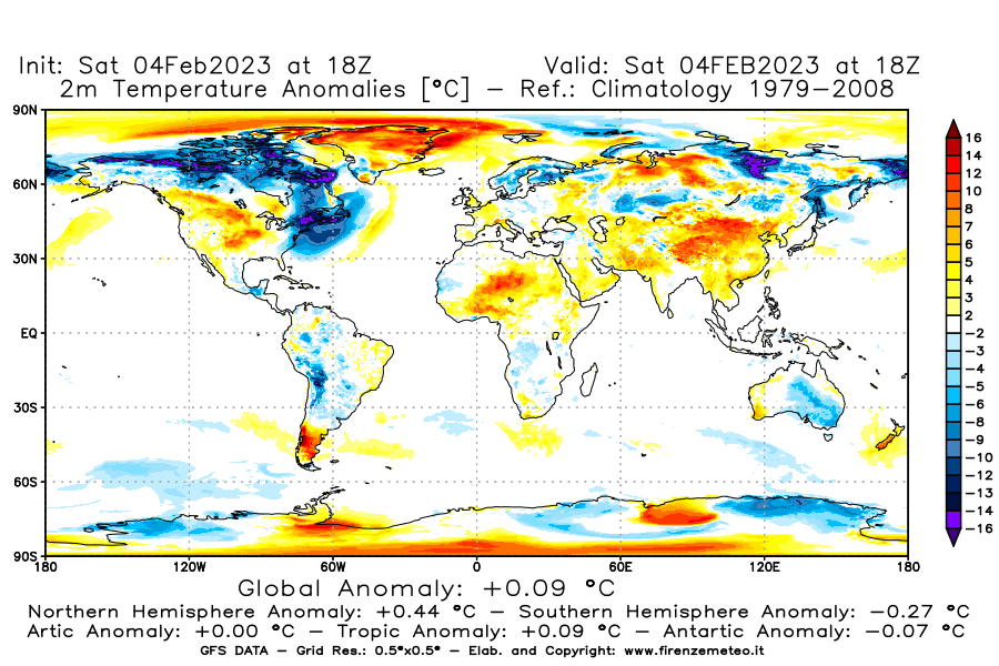Mappa di analisi GFS - Anomalia Temperatura [°C] a 2 m in World
							del 04/02/2023 18 <!--googleoff: index-->UTC<!--googleon: index-->