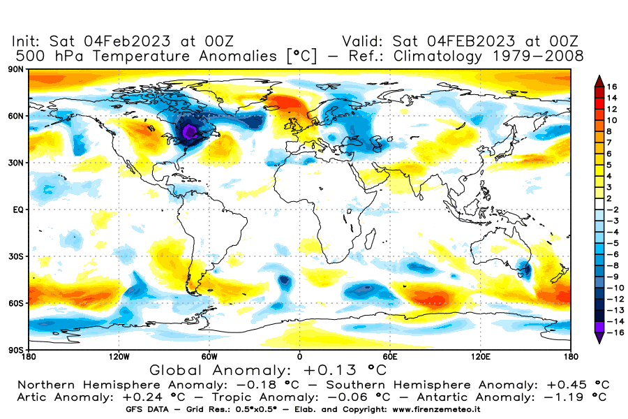 Mappa di analisi GFS - Anomalia Temperatura [°C] a 500 hPa in World
							del 04/02/2023 00 <!--googleoff: index-->UTC<!--googleon: index-->