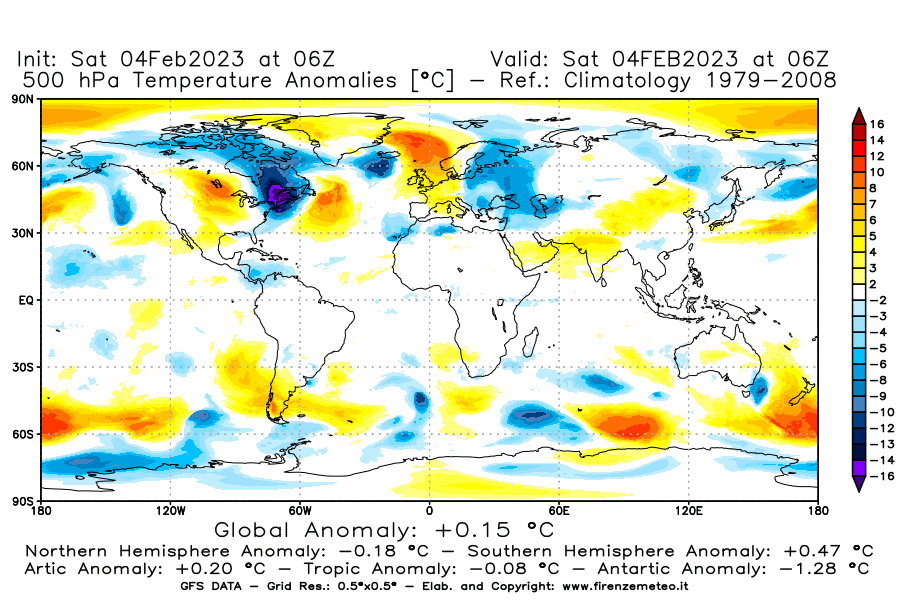 Mappa di analisi GFS - Anomalia Temperatura [°C] a 500 hPa in World
							del 04/02/2023 06 <!--googleoff: index-->UTC<!--googleon: index-->