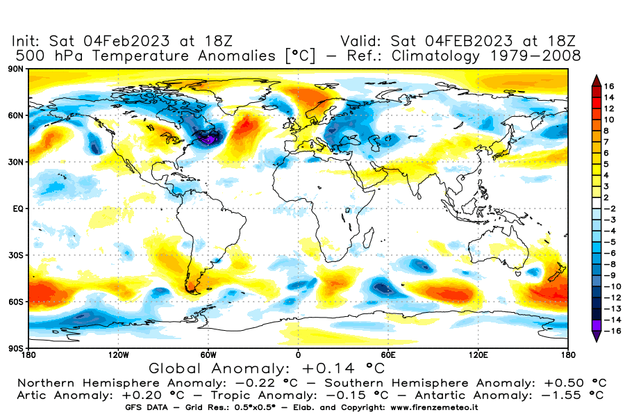 Mappa di analisi GFS - Anomalia Temperatura [°C] a 500 hPa in World
							del 04/02/2023 18 <!--googleoff: index-->UTC<!--googleon: index-->