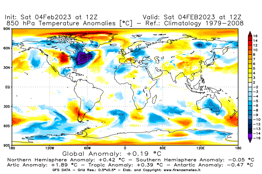 Mappa di analisi GFS - Anomalia Temperatura [°C] a 850 hPa in World
							del 04/02/2023 12 <!--googleoff: index-->UTC<!--googleon: index-->