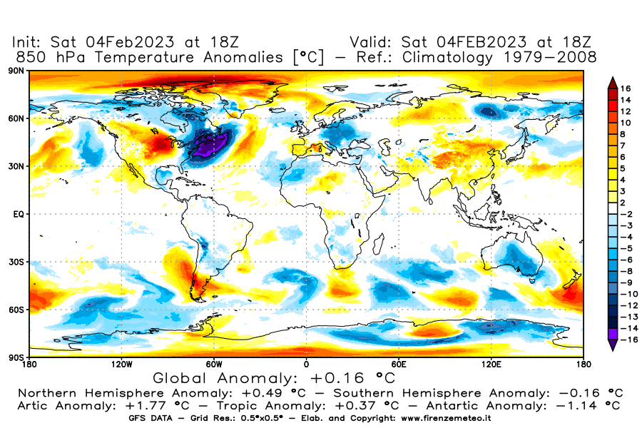 Mappa di analisi GFS - Anomalia Temperatura [°C] a 850 hPa in World
							del 04/02/2023 18 <!--googleoff: index-->UTC<!--googleon: index-->