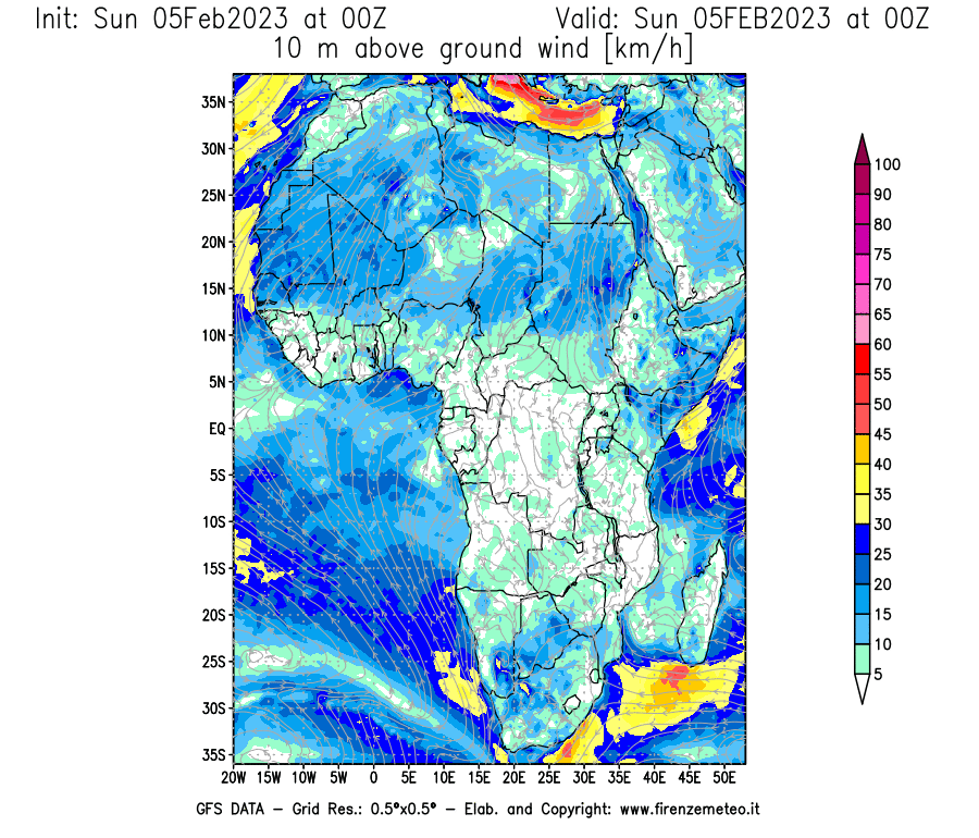 Mappa di analisi GFS - Velocità del vento a 10 metri dal suolo [km/h] in Africa
							del 05/02/2023 00 <!--googleoff: index-->UTC<!--googleon: index-->