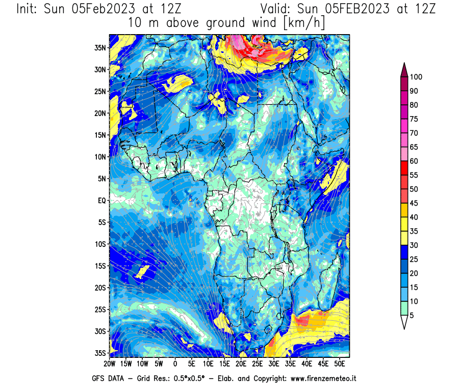 Mappa di analisi GFS - Velocità del vento a 10 metri dal suolo [km/h] in Africa
							del 05/02/2023 12 <!--googleoff: index-->UTC<!--googleon: index-->