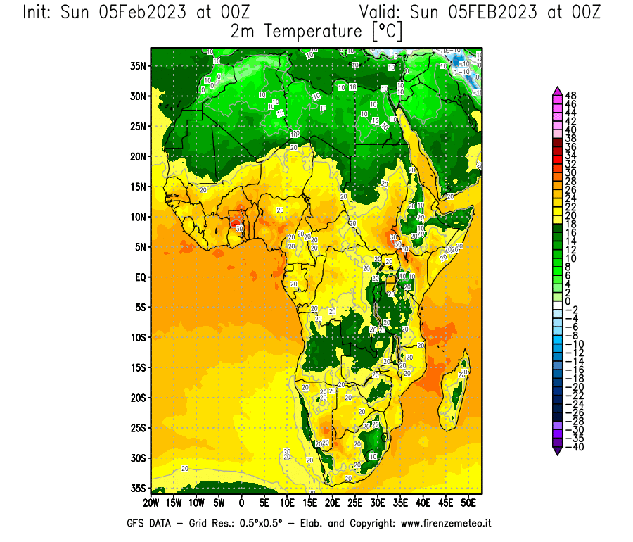 Mappa di analisi GFS - Temperatura a 2 metri dal suolo [°C] in Africa
							del 05/02/2023 00 <!--googleoff: index-->UTC<!--googleon: index-->