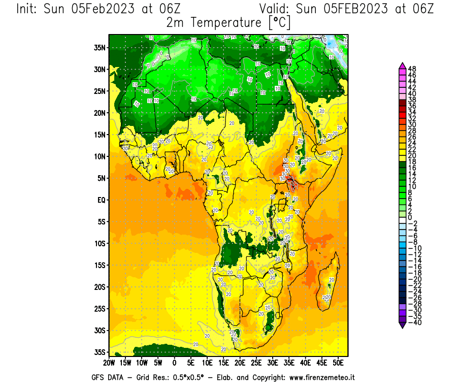 Mappa di analisi GFS - Temperatura a 2 metri dal suolo [°C] in Africa
							del 05/02/2023 06 <!--googleoff: index-->UTC<!--googleon: index-->