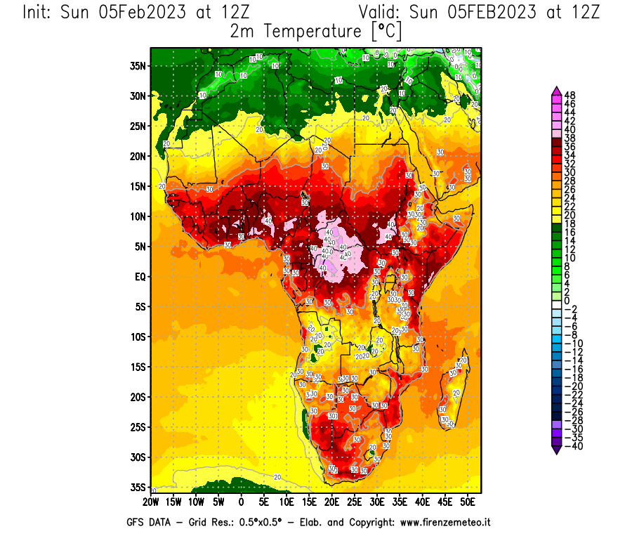 Mappa di analisi GFS - Temperatura a 2 metri dal suolo [°C] in Africa
							del 05/02/2023 12 <!--googleoff: index-->UTC<!--googleon: index-->