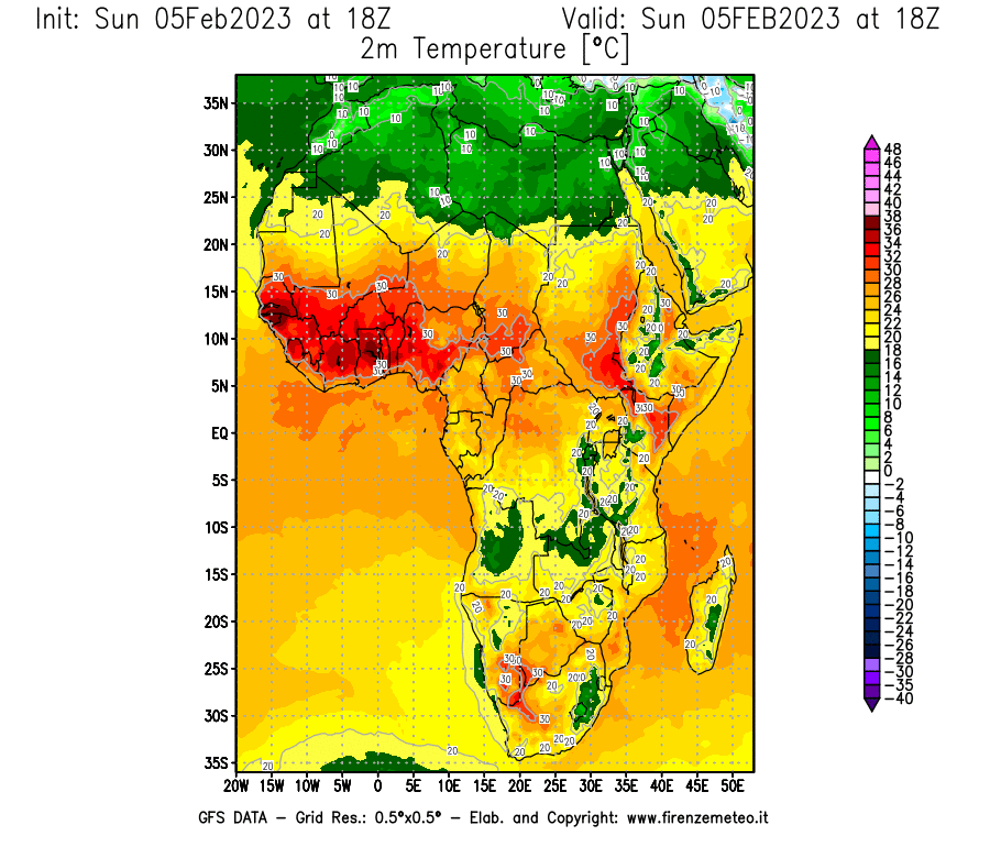 Mappa di analisi GFS - Temperatura a 2 metri dal suolo [°C] in Africa
							del 05/02/2023 18 <!--googleoff: index-->UTC<!--googleon: index-->