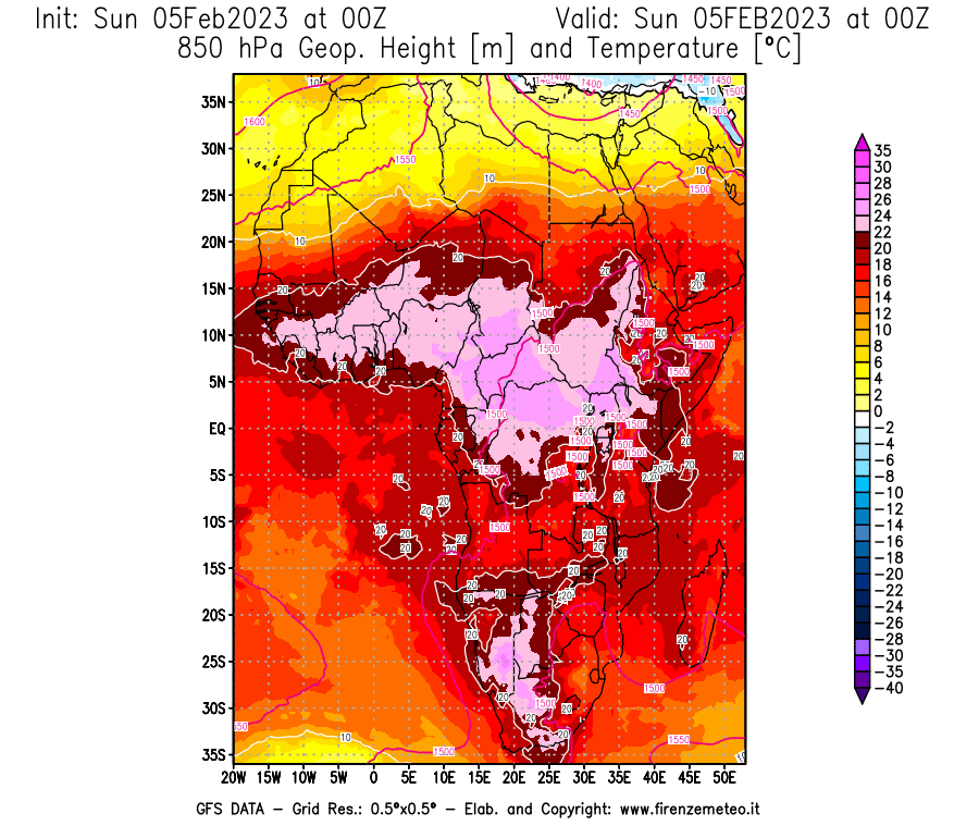 GFS analysi map - Geopotential [m] and Temperature [°C] at 850 hPa in Africa
									on 05/02/2023 00 <!--googleoff: index-->UTC<!--googleon: index-->