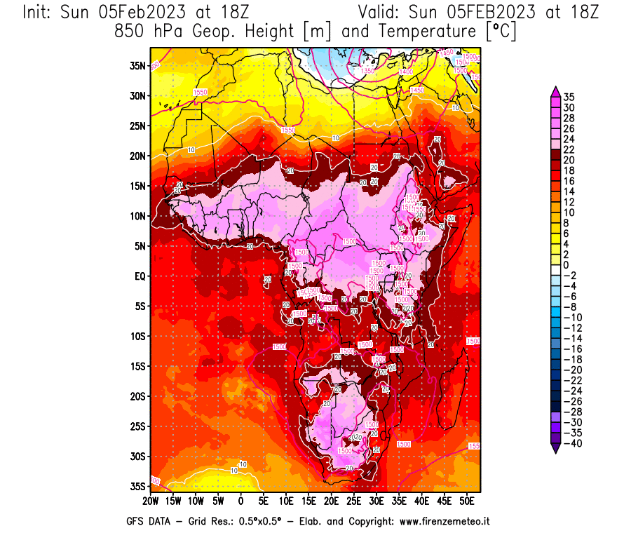 Mappa di analisi GFS - Geopotenziale [m] e Temperatura [°C] a 850 hPa in Africa
							del 05/02/2023 18 <!--googleoff: index-->UTC<!--googleon: index-->