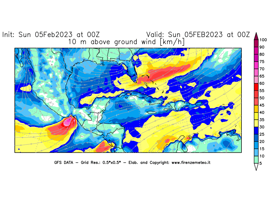 Mappa di analisi GFS - Velocità del vento a 10 metri dal suolo [km/h] in Centro-America
							del 05/02/2023 00 <!--googleoff: index-->UTC<!--googleon: index-->