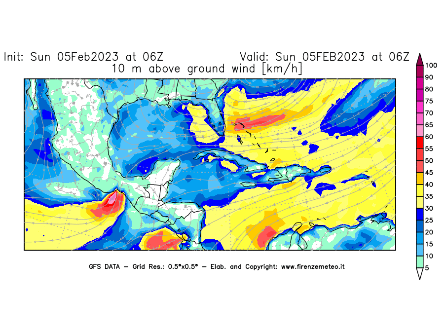 Mappa di analisi GFS - Velocità del vento a 10 metri dal suolo [km/h] in Centro-America
							del 05/02/2023 06 <!--googleoff: index-->UTC<!--googleon: index-->