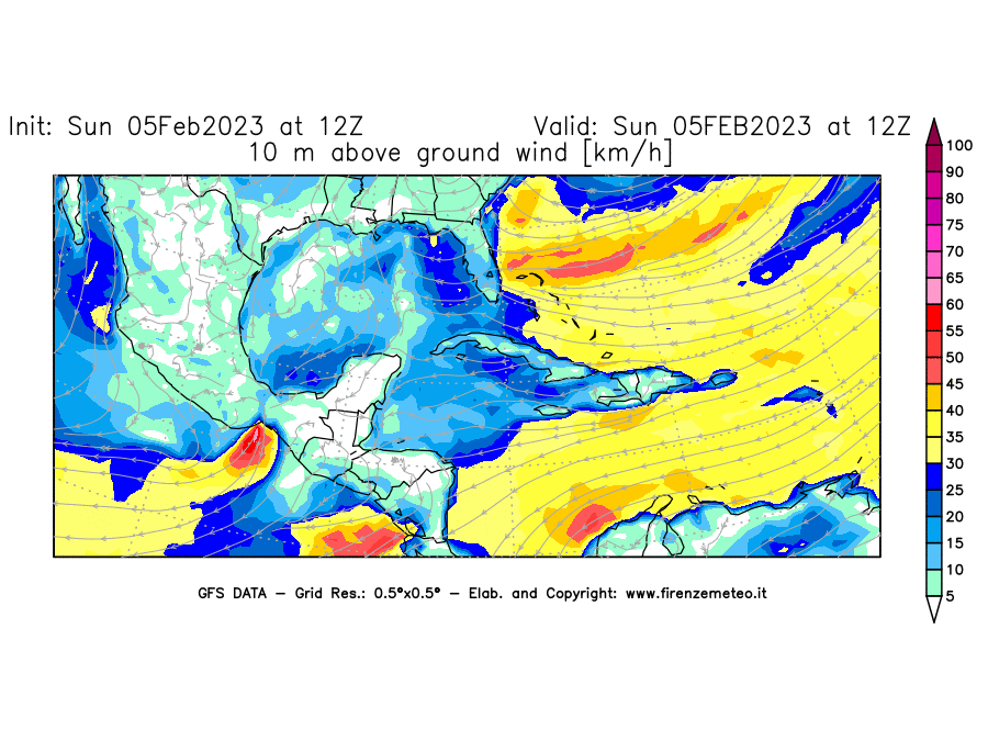 Mappa di analisi GFS - Velocità del vento a 10 metri dal suolo [km/h] in Centro-America
							del 05/02/2023 12 <!--googleoff: index-->UTC<!--googleon: index-->
