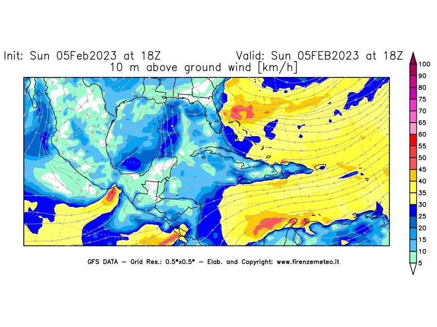 Mappa di analisi GFS - Velocità del vento a 10 metri dal suolo [km/h] in Centro-America
							del 05/02/2023 18 <!--googleoff: index-->UTC<!--googleon: index-->