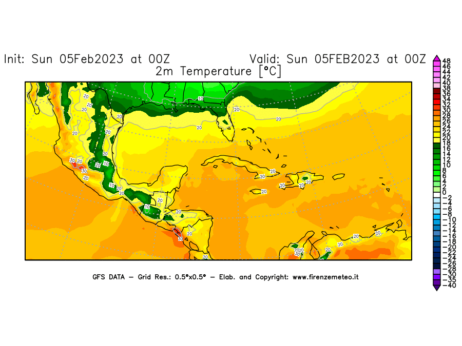 Mappa di analisi GFS - Temperatura a 2 metri dal suolo [°C] in Centro-America
							del 05/02/2023 00 <!--googleoff: index-->UTC<!--googleon: index-->
