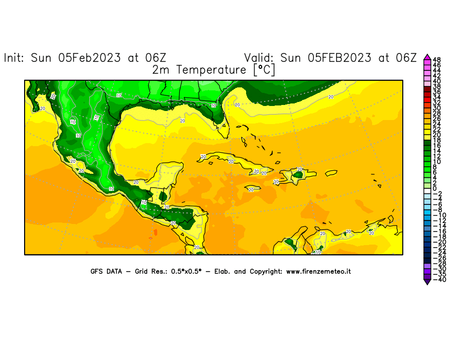 Mappa di analisi GFS - Temperatura a 2 metri dal suolo [°C] in Centro-America
							del 05/02/2023 06 <!--googleoff: index-->UTC<!--googleon: index-->